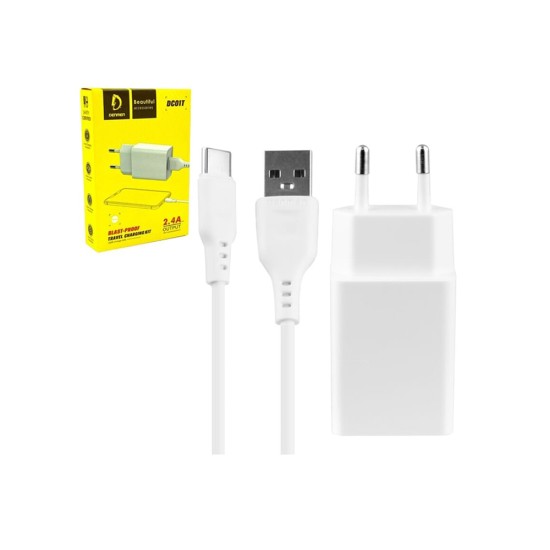 ADAPTADOR DE CARREGADOR DENMEN DC01T 2,4A COM CABO USB TIPO C BRANCO